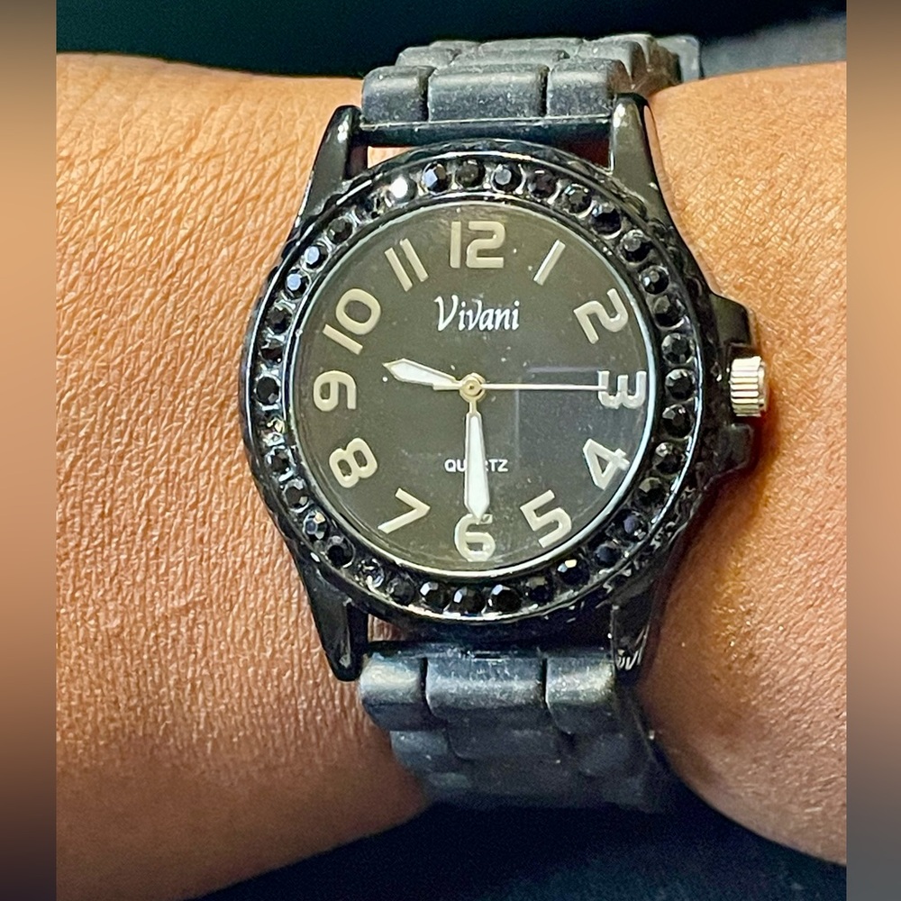 Vivani Black Quartz Stainless Steel Rhinestone Silicone Band Women's Watch
